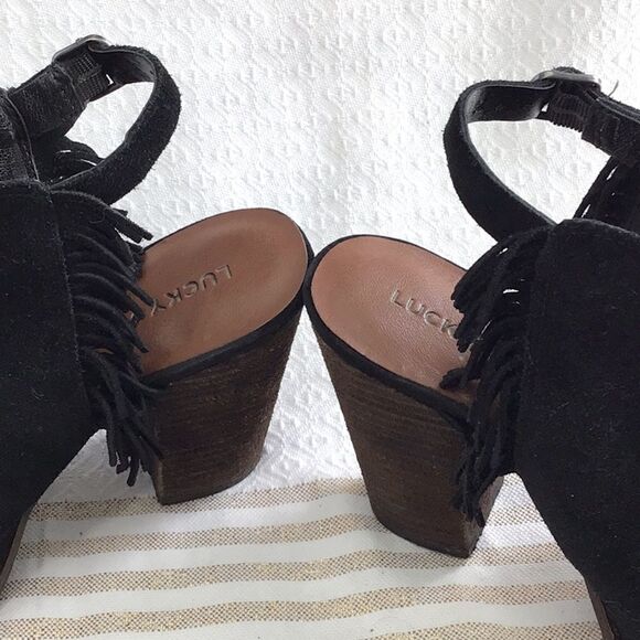 Lucky Brand LANTAU Black Fringe Suede Boho Chic Block Heel Ankle Bootie Sandals - Picture 11 of 15